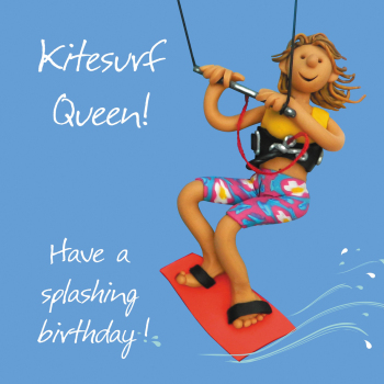 Holy Mackerel kitesurf queen female birthday card for her - designed by artist Erica Sturla - 15cm square and blank inside for your message - made in the UK