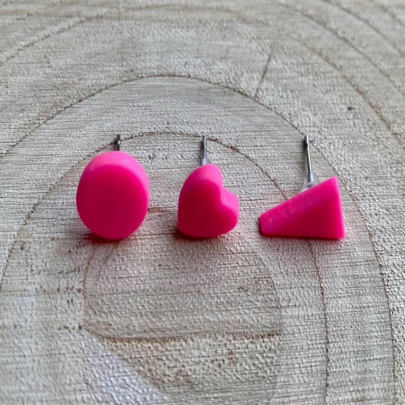 Fluorescent Pink Clay Stud Earrings: Hypoallergenic Micro Studs - Heart - none