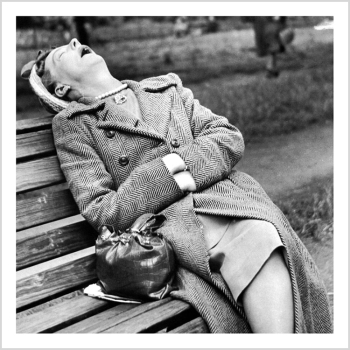 Holy Mackerel waiting for Gladys retro black and white photographic card featuring a vintage image of a woman asleep in London's Hyde Park - 15cm square and blank inside