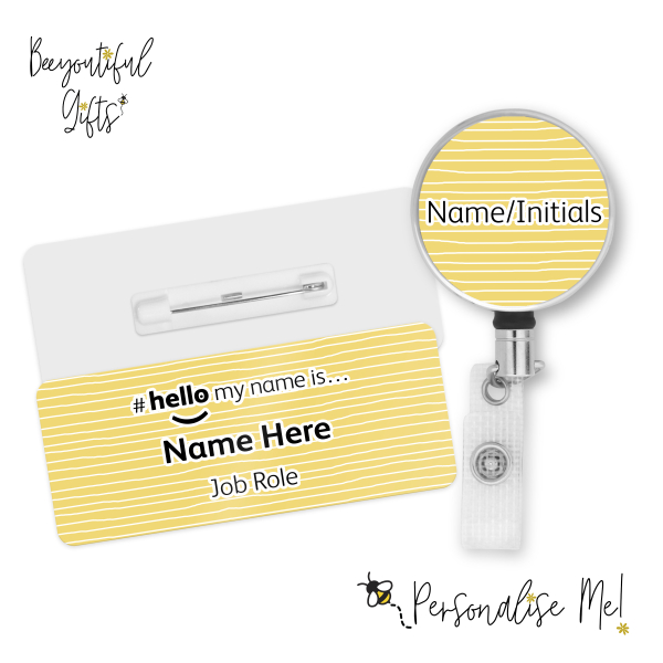 #hello my name is... Name Badge & Metal ID Reel - Yellow Hand Drawn Lines