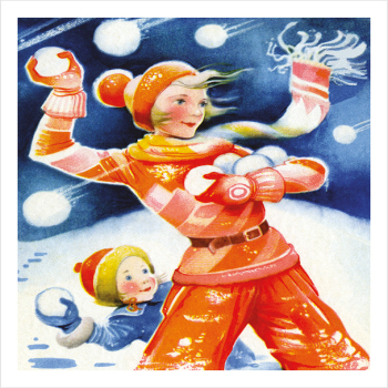 Christmas Art Deco Illustration Woman Throwing snowballs - a 17.5 x 12.5cm Christmas Card from Holy Mackerel's Alternative Image Range of Festive Designs.