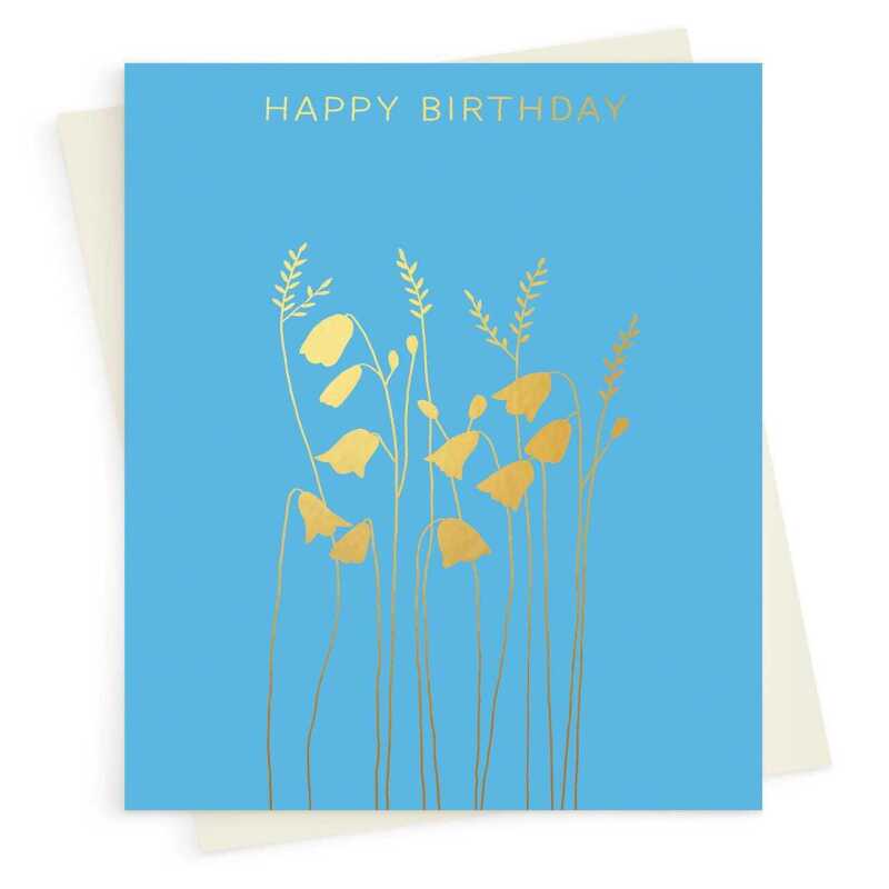 Happy birthday card with a pretty gold foil harebells print - designed by artist Eloise Hall - 15.7 x 11cm and blank inside