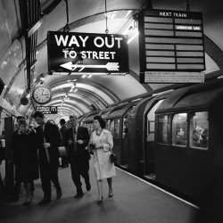 Holy Mackerel way out retro black and white photographic card featuring a vintage image of a London Underground scene - 15cm square and blank inside