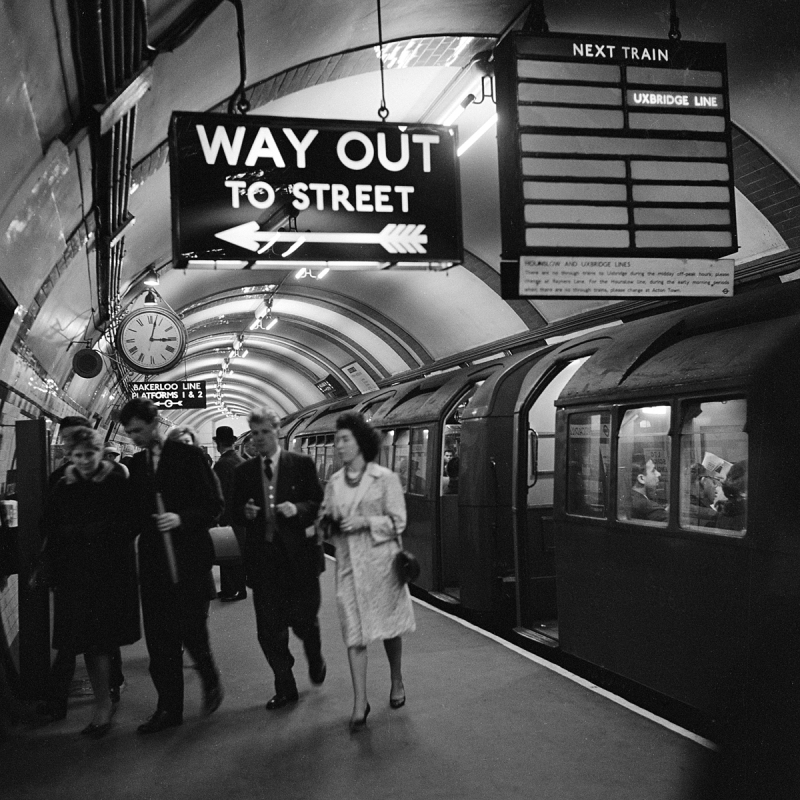 Holy Mackerel way out retro black and white photographic card featuring a vintage image of a London Underground scene - 15cm square and blank inside