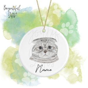 Personalised Watercolour Cat Face Round Ceramic Hanging Decoration - Scottish Fold - Face 7