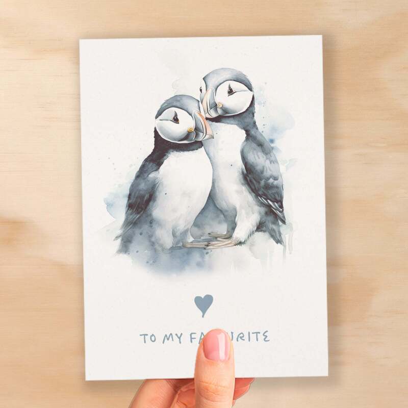 Anniversary or Valentine's Card for Her or Him Anniversary Card for Wife Valentines Day Card For Husband Boyfriend or Girlfriend Puffin Card - Large (5x7) / Blank Message