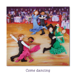Holy Mackerel ballroom dancing themed blank greeting card - designed by artist Erica Sturla - 15cm square and blank inside for your own message