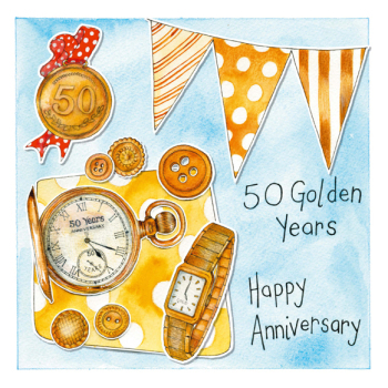 50 Golden Years 50th Gold Anniversary 150mm square greetings card by artist Kate Brazier