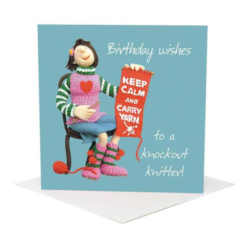 Knockout knitter birthday card for her - designed by Erica Sturla - 15cm square and blank inside, made in the UK