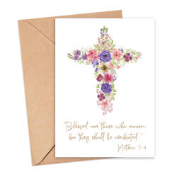 Sympathy Card - Floral Cross with Matthew 5:4 Verse