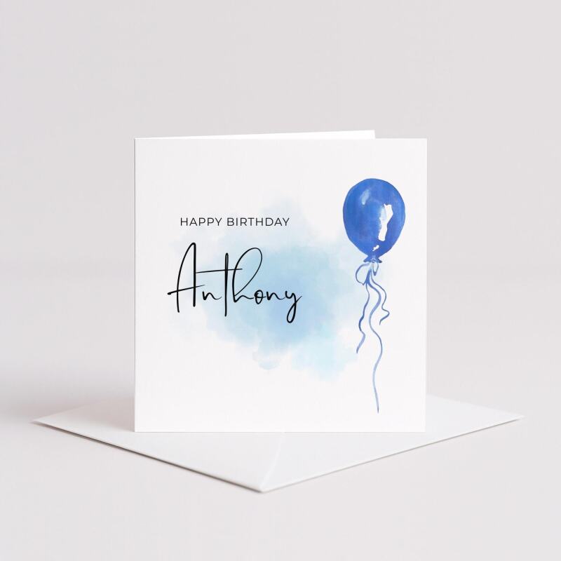 Birthday blue balloon card personalised design custom name script soft handmade greeting - Smooth No Message - Kraft Brown