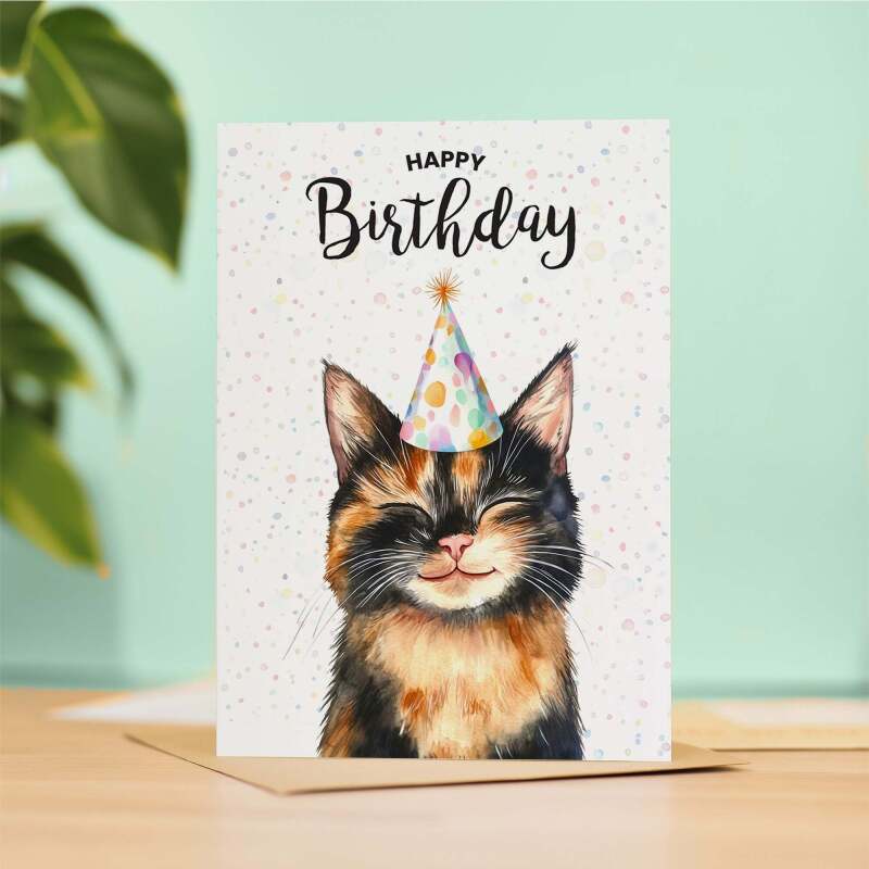 Birthday Card For Him or Her Of A Tortoiseshell Cat Illustration For Him or Her Birthday Gift - Portrait (5x7) / Blank Inside