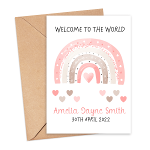 Personalised New Baby Card - Welcome to the World Pink Rainbow - Small (Approx. A6 | 105mm x 148mm | 4.1in x 5.8in) - Luxury Linen Textured Card