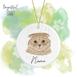 Personalised Watercolour Cat Face Round Ceramic Hanging Decoration - Scottish Fold - Face 1