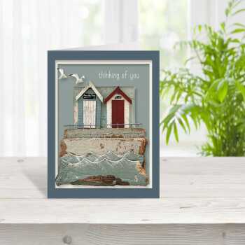 Thinking of you - quayside beach hut themed sympathy card - designed by Seth Draper - 15cm square and blank inside, made in the UK