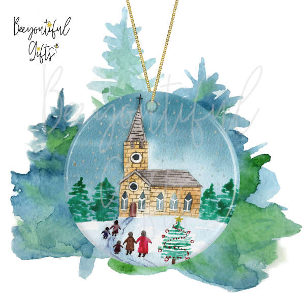 Ceramic Christmas Tree Decoration - Watercolour Family Walking To Church