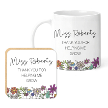 Personalised Teacher Mug & Coaster Set - Thank You For Helping Me Grow with Floral Edge