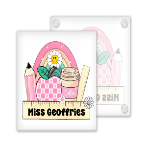 Personalised Teacher Coaster - Cute Pink Teacher Rainbow - Toughened Glass Coaster