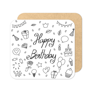 Birthday Coaster - Happy Birthday Hand Drawn Doodle - Standard Wooden Coaster