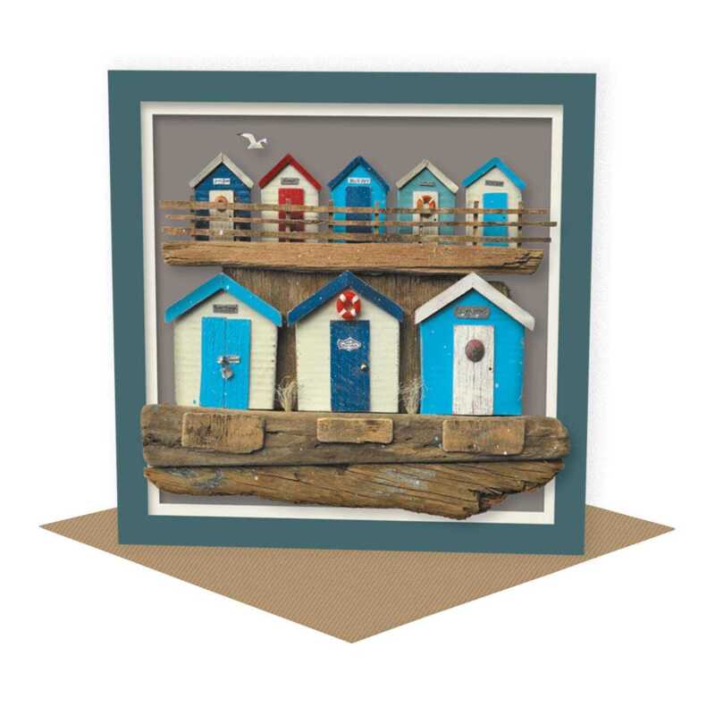 Double decker - quayside beach hut themed blank card - designed by Seth Draper - 15cm square and blank inside, made in the UK