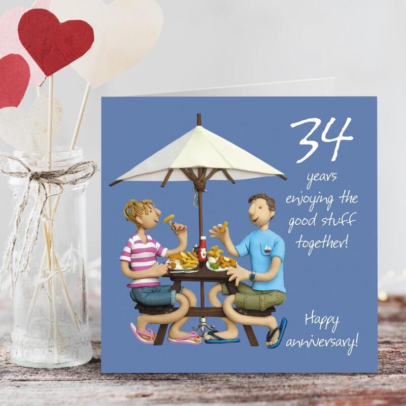 34th Anniversary Card - Enjoying the Good Stuff Together - Fun Polymer Clay Art by Erica Sturla - Made in the UK
