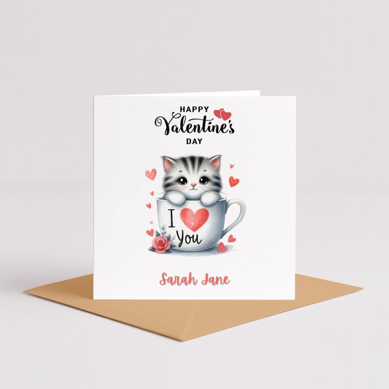 Kitten Valentines day card in a teacup design custom name romantic gift for partner - Smooth No Message - Kraft Brown