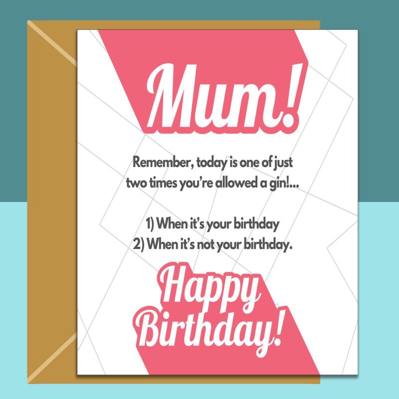 Funny Mum Birthday Card - Personalised - Gin Lover - For Her - Customised - 40th 50th 55th 57th 60th 65th 70th 80th 90th - On Mom's birthday - Blank inside - Regular - Matte