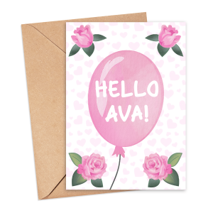 Personalised New Baby Card - Hello Pink Balloon Rose Themed