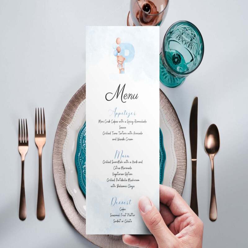 Printed Menu Event for Boy Personalised with Initial and Courses | Teddy Bear | Party, Birthday, Baby Shower, Baptism, Communion - Squared - Sample (not custom)
