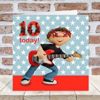 Birthday boy age 10 playing a guitar- child's age birthday - designed by Erica Sturla - 15cm square and blank inside, made in the UK