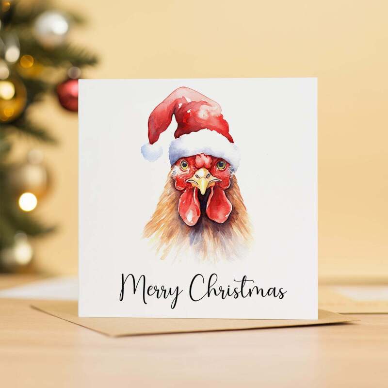 Fun Christmas Card of a Chicken Wearing A Santa Hat Whimsical Watercolour Christmas Card For Animal Lover For Him or Her - Square (5.5x5.5) / Blank Inside