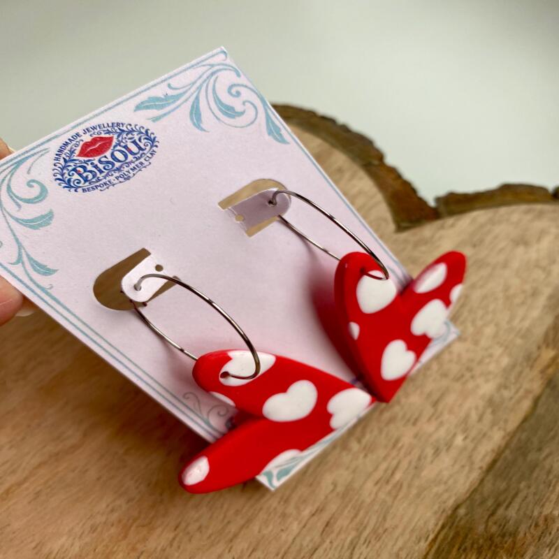 Handmade Red Heart Hoop Earrings | Polymer Clay Jewelry - silver