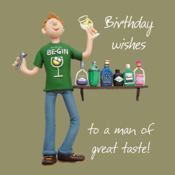 Holy Mackerel Man of Great Taste gin themed birthday card designed by Erica Sturla, for dad, brother, son, husband, nephew, friend etc. Card is 15cm square and blank inside for your own message