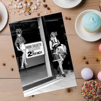 Cleaning by the inch- Black and white photographic dry cleaners card - 12.6 x 17.7cm and blank inside, made in the UK