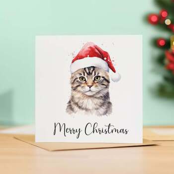 Fun Christmas Card of a Tabby Cat Wearing A Santa Hat Whimsical Watercolour Christmas Card For Animal Lover For Him or Her