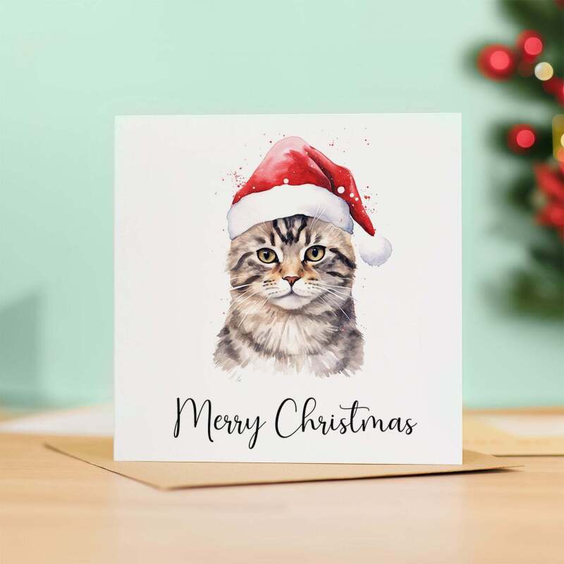 Fun Christmas Card of a Tabby Cat Wearing A Santa Hat Whimsical Watercolour Christmas Card For Animal Lover For Him or Her - Square (5.5x5.5) / Blank Inside