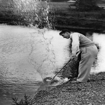 Holy Mackerel in the drink retro black and white photographic card featuring a vintage image of an unfortunate golfer in the water - 12.6 x 17.7cm and blank inside