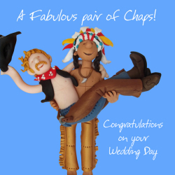 Holy Mackerel fabulous pair of chaps same sex wedding card for a gay couple - designed by artist Erica Sturla - 15cm square and blank inside for your message