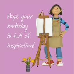 Holy Mackerel Inspiration birthday card - a female painting themed birthday card by Erica Sturla with an image of one of her polymer clay figures - 15cm square and blank inside - made in the UK