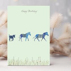 Zebra birthday card -  designed by Eloise Hall - 15.7 x 11cm and blank inside, made in the UK
