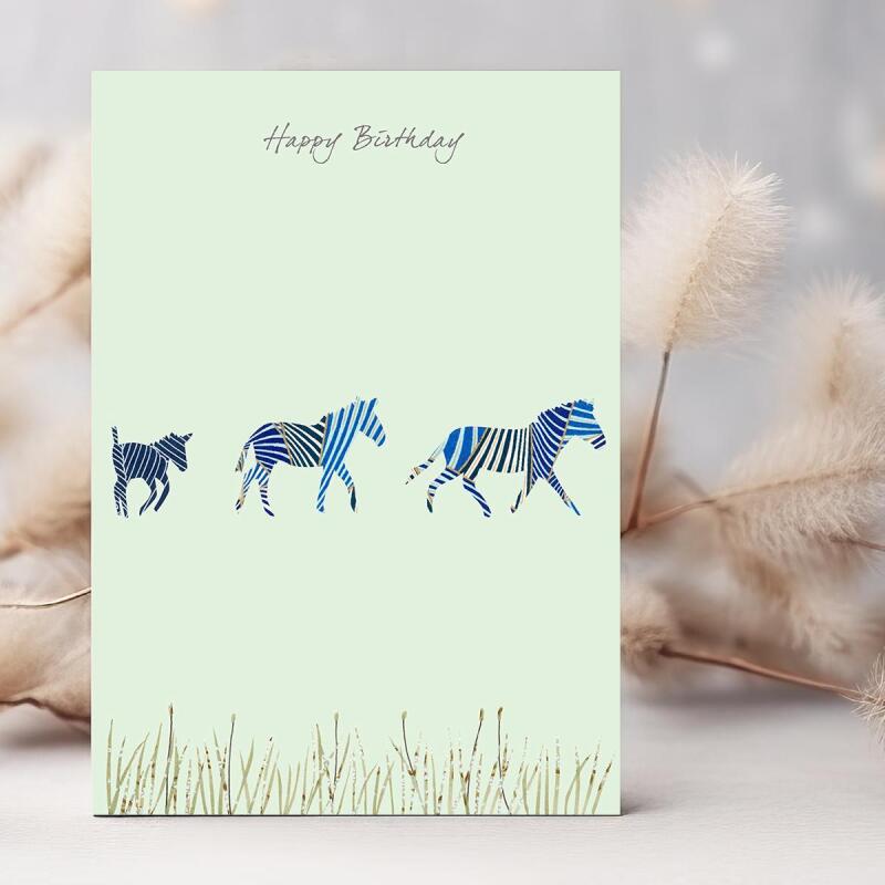 Zebra birthday card -  designed by Eloise Hall - 15.7 x 11cm and blank inside, made in the UK