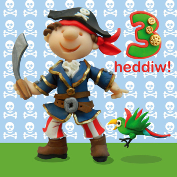Holy Mackerel 3 Heddiw (three today) boy's Welsh 3rd birthday card featuring a pirate outfit - designed by artist Erica Sturla - 15cm square and blank inside for your message - made in the UK