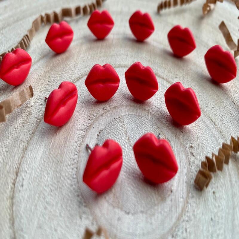 Handmade Red Lip Stud Earrings: Polymer Clay, Hypoallergenic