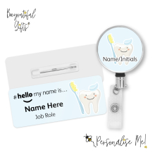 #hello my name is... Name Badge & Metal ID Reel - Cute Tooth Blue