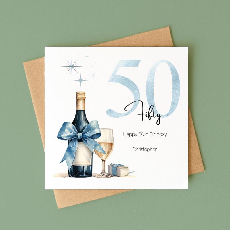 Personalised 50th Birthday Card for Him Blue Champagne Gift Box Milestone Mens - Smooth No Message - Kraft Brown