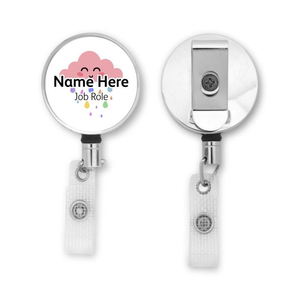 Personalised Metal ID Reel - Cute Pink Rain Cloud