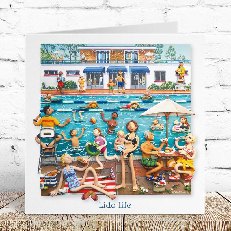 Swimming Card - Lido Life - Polymer Clay Art by Erica Sturla - Fun Outdoor Swimmer Card Made in the UK