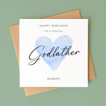 Godfather Birthday Card with Personalised custom name, Blue Watercolour Heart design, Handmade Greeting UK