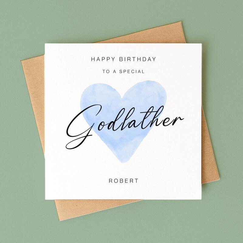Godfather Birthday Card with Personalised custom name, Blue Watercolour Heart design, Handmade Greeting UK - Smooth No Message - Kraft Brown