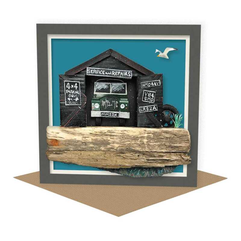 Service and repairs - seaside themed garage blank card - designed by Seth Draper - 15cm square and blank inside, made in the UK